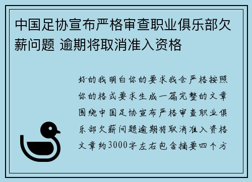 中国足协宣布严格审查职业俱乐部欠薪问题 逾期将取消准入资格